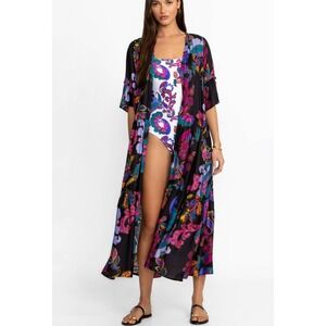 Johnny Was Fatima Tiered Kimono M Rayon Silk Colorful Boho Luxury Resort NWT